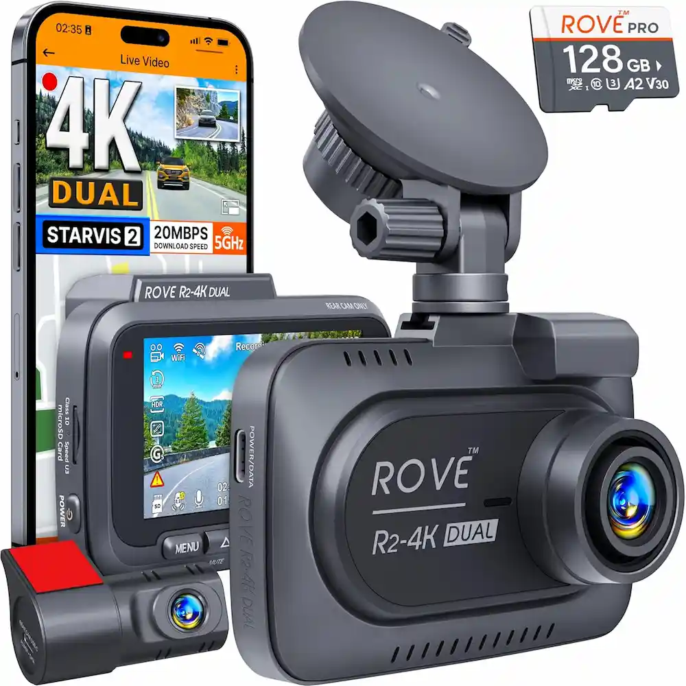 ROVE R2-4K DUAL Dash Cam Front and Rear, STARVIS 2 Sensor, FREE 128GB Card Included