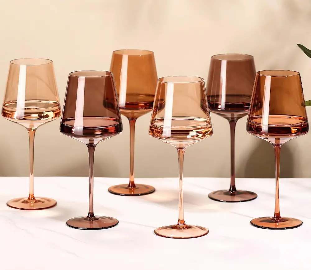 Brown Wine Glasses Set of 6-18oz【Hand Blown】 Crystal Amber Stemmed Venus Wine Glasses