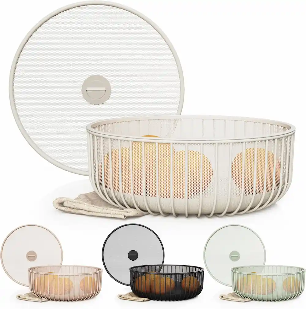 Metal Fruit Bowl with Mesh Lid and Basket - Fruit and Vegetable Holder for Kitchen Counter
