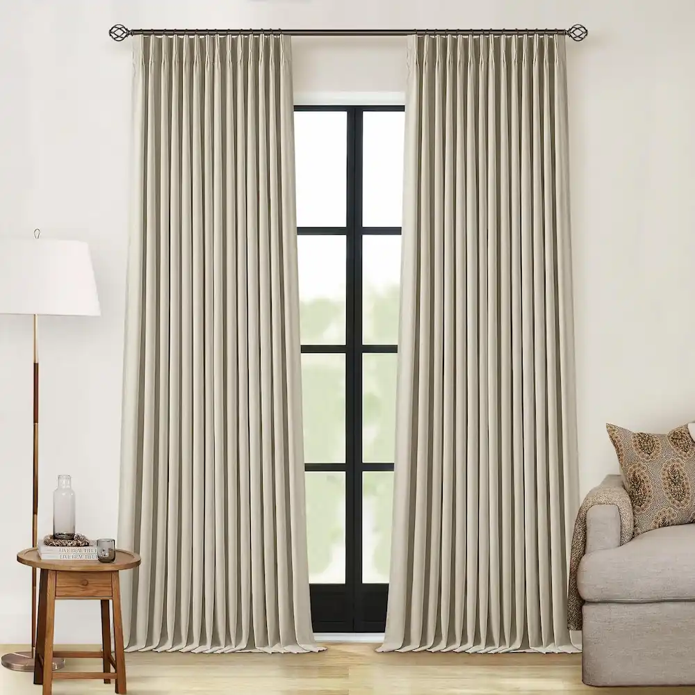 90 Inch 100% Blackout Linen Pleated Curtains 2 Panels for Living Room